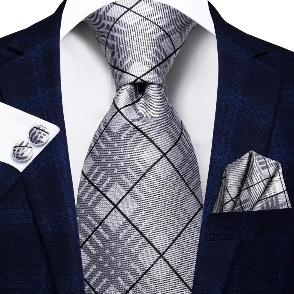 White & Grey Paisley Tie Set – Silk Necktie, Pocket Square & Cufflinks for Men – Formal Wedding & Business Accessory