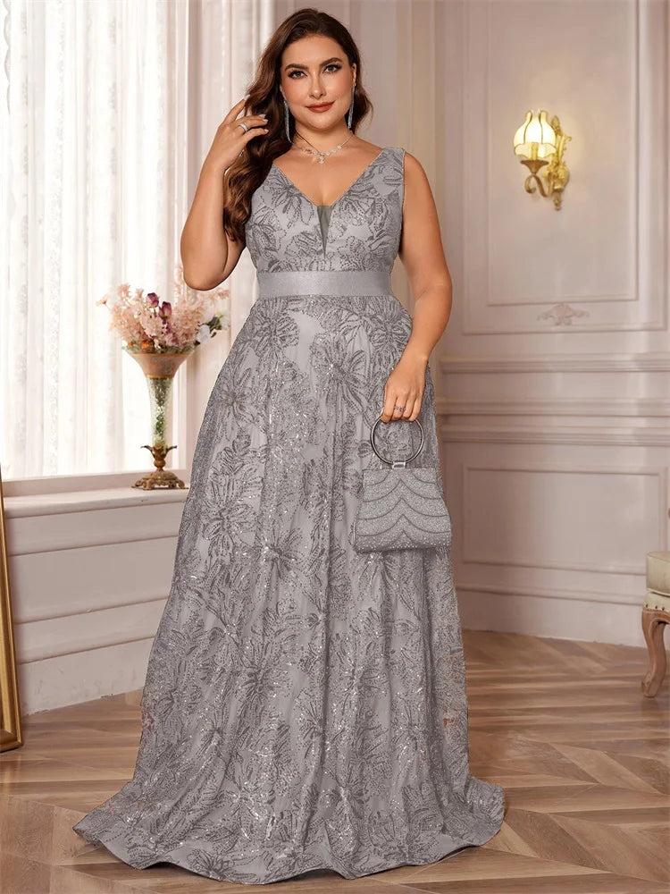 Plus Size Deep V-Neck Sequin Evening Dress – Elegant Blue Long Formal Gown with V-Back for Wedding, Party & Prom