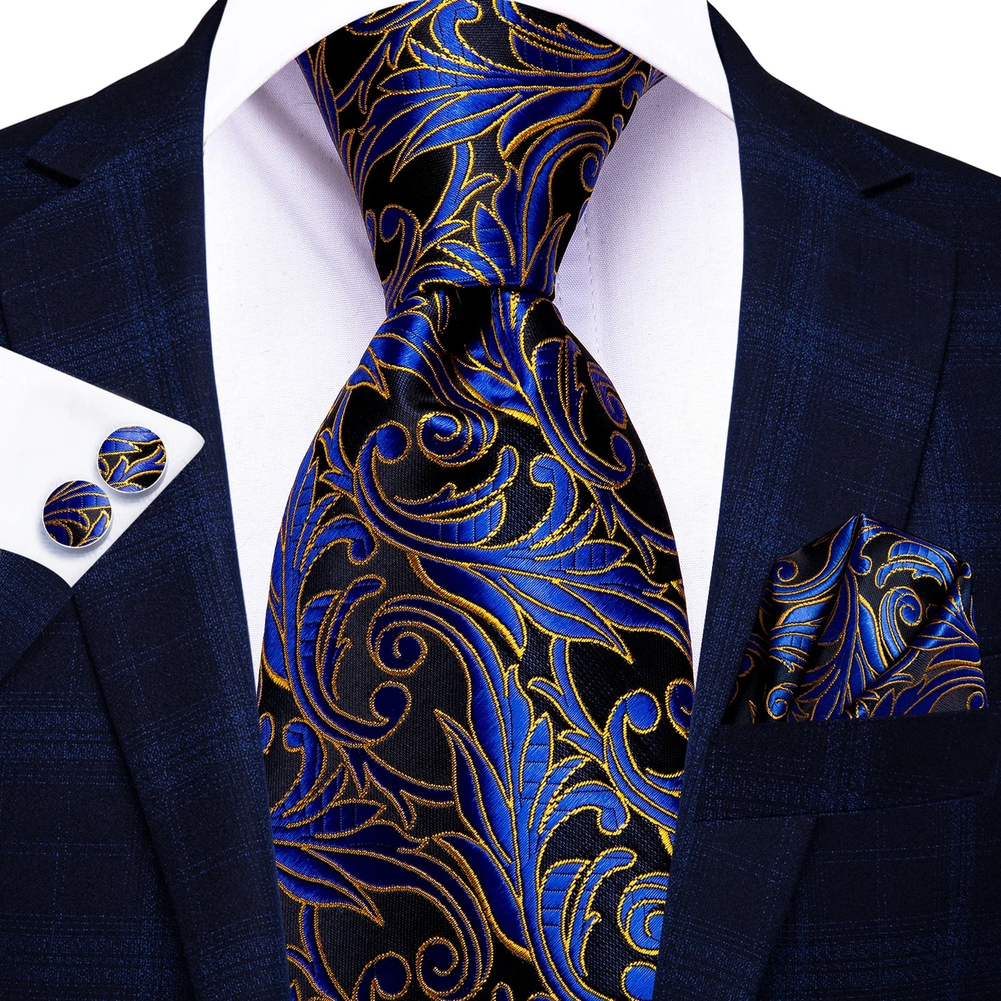 Burgundy Brown & Black Paisley Striped Silk Tie Set – Necktie + Pocket Square + Cufflinks – Formal Gift Set for Men