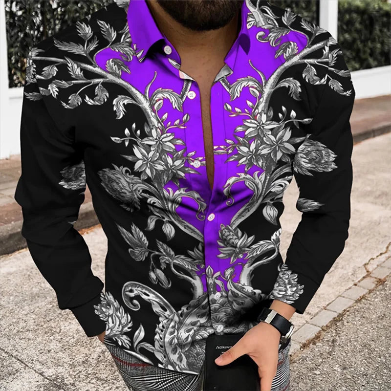 Men’s 3D Floral Print Long Sleeve Shirt – Designer Party & Prom Dress Shirt, S–5XL