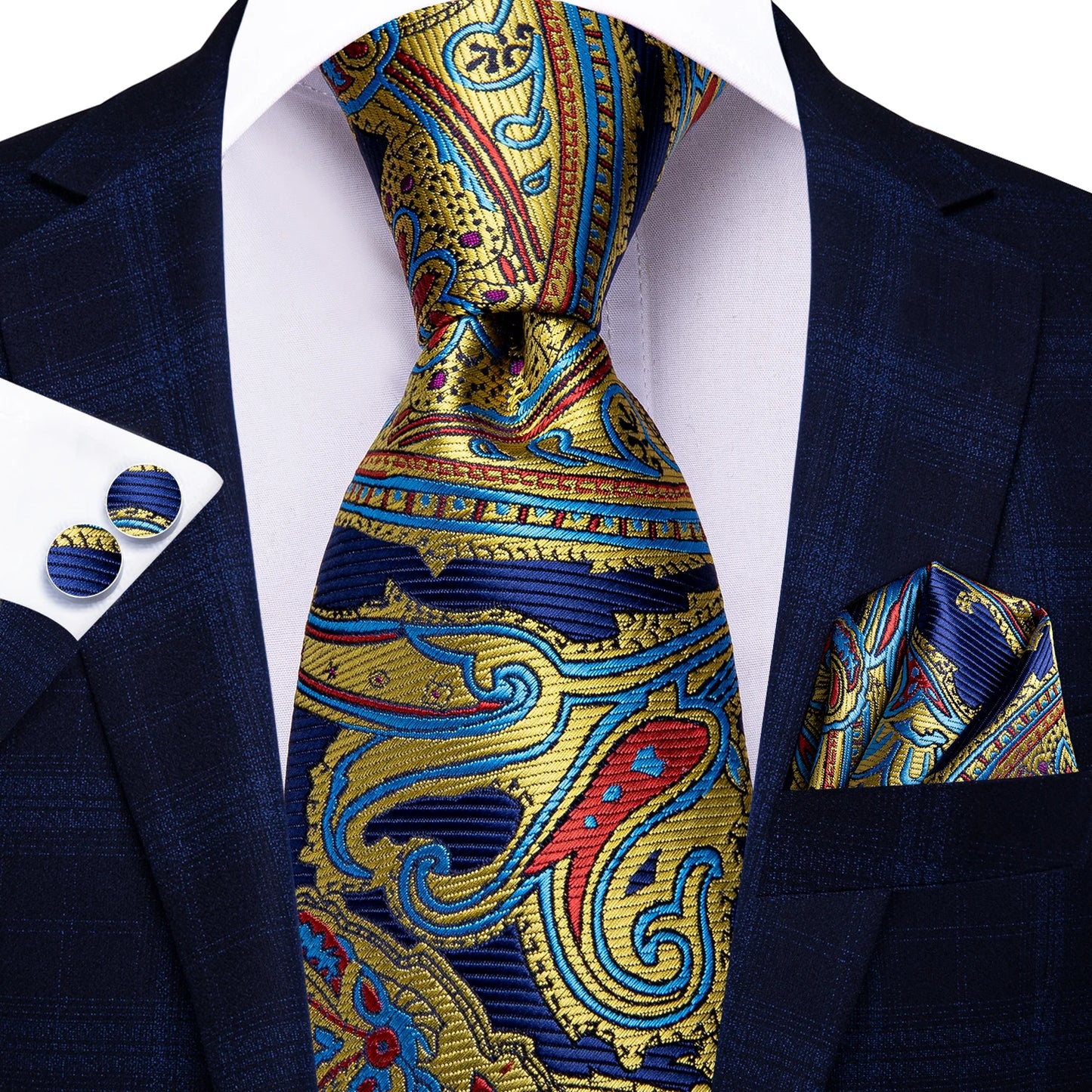 Burgundy Brown & Black Paisley Striped Silk Tie Set – Necktie + Pocket Square + Cufflinks – Formal Gift Set for Men