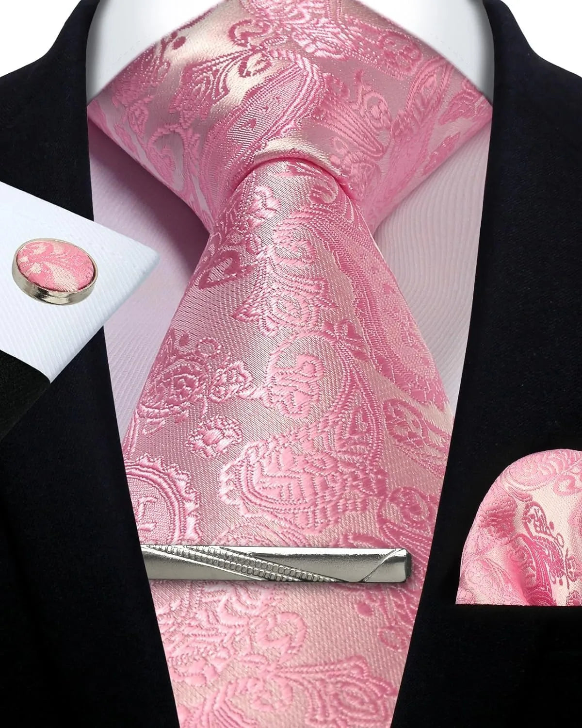 Men’s Classic Silver Paisley Tie Set – Silk Necktie, Pocket Square, Cufflinks & Tie Clip – Formal Wedding Party Gift Box