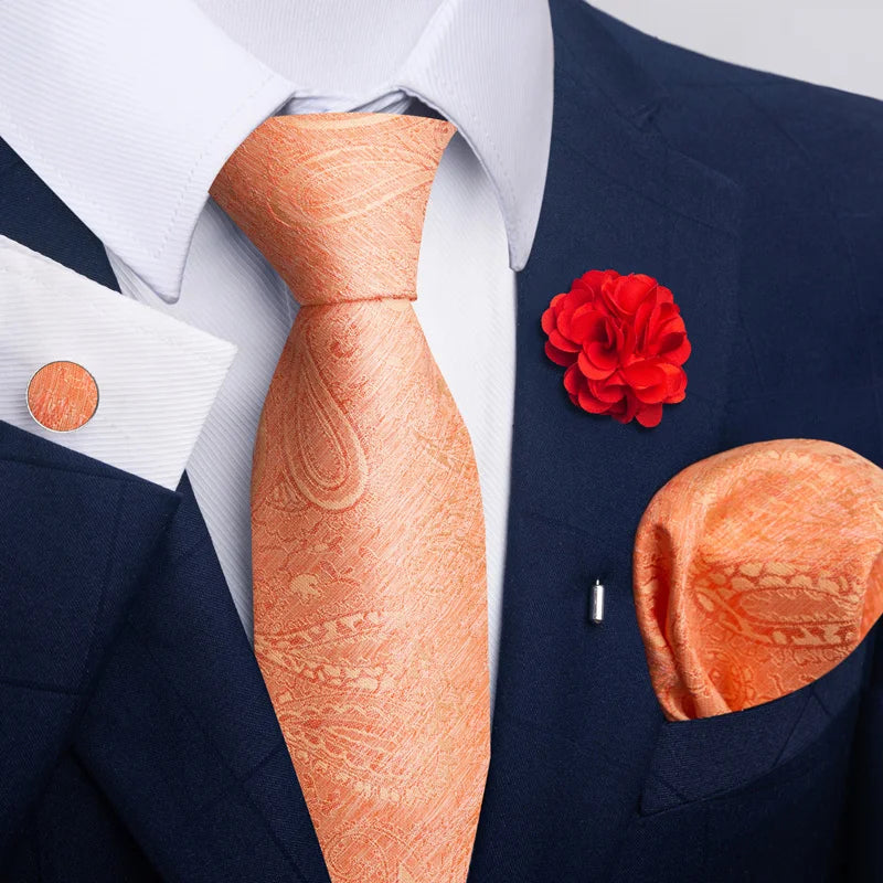 Luxury Men’s Floral Paisley Tie Set – Black & Gold Necktie with Matching Pocket Square, Cufflinks & Brooch | Elegant Wedding, Business, Dinner & Cocktail Look