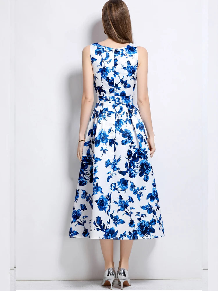 Elegant Sleeveless Printed A-Line Dress – Slim Fit Summer Fashion Dress for Women