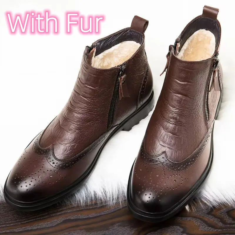 Genuine Leather Men’s Side-Zip Ankle Boots – Warm Plush Lined Winter Fashion