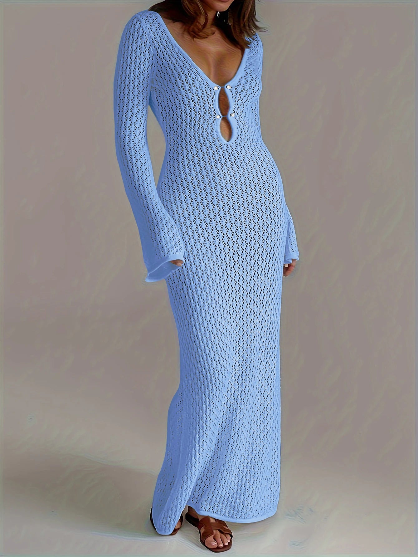 Sexy Women's White Knit Bikini Cover-Up β Long Sleeve, Deep V-Neck, Backless Beach Dress