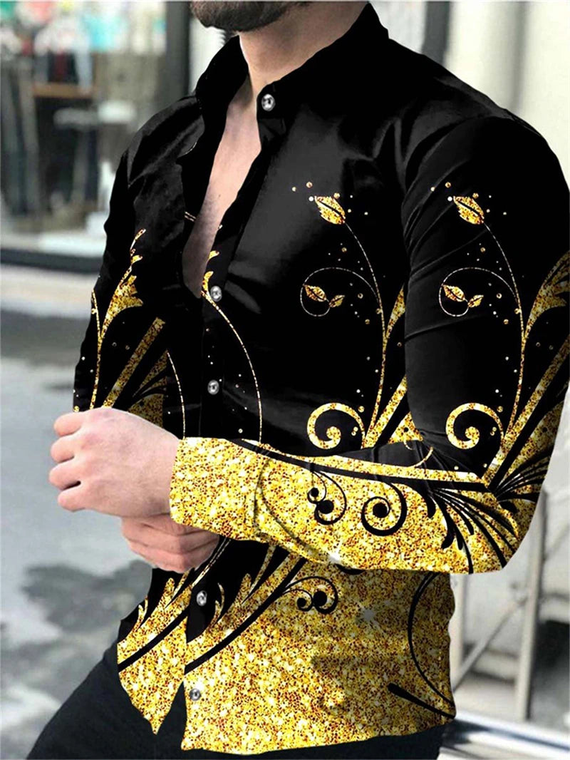 Luxury Floral Print Long Sleeve Shirt for Men – Casual Party Style, Button-Up Turn-Down Collar