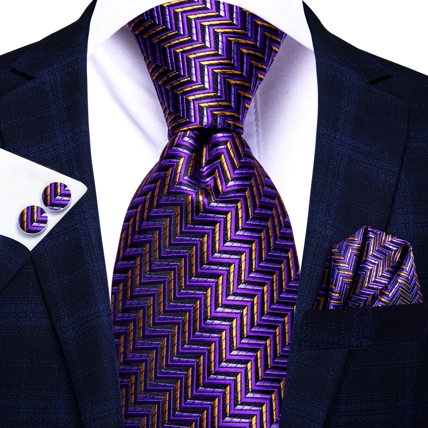 Burgundy Brown & Black Paisley Striped Silk Tie Set – Necktie + Pocket Square + Cufflinks – Formal Gift Set for Men