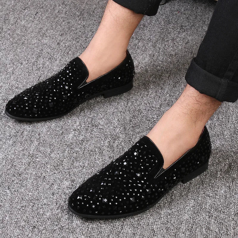 Men’s Genuine Luxury Stone Leather Rhinestone Loafers – Slip-On Dress Shoes for Wedding, Party & Clubwear