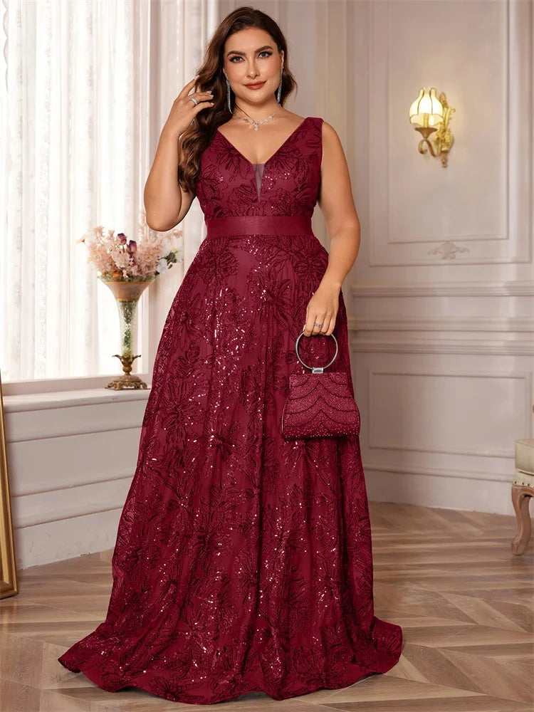 Plus Size Deep V-Neck Sequin Evening Dress – Elegant Blue Long Formal Gown with V-Back for Wedding, Party & Prom