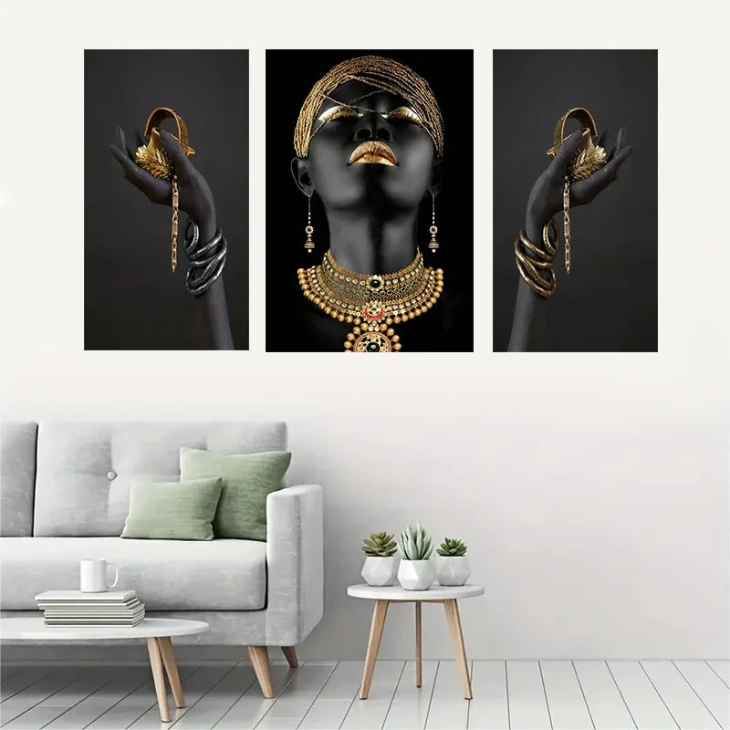 3-Piece African Black Women Canvas Wall Art with Gold Jewelry - Framed Art Prints for Living Room Deco