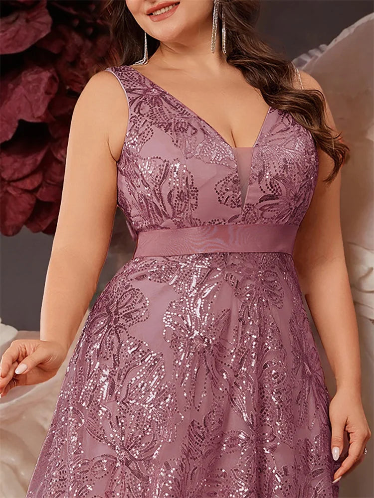 Plus Size Deep V-Neck Sequin Evening Dress – Elegant Blue Long Formal Gown with V-Back for Wedding, Party & Prom