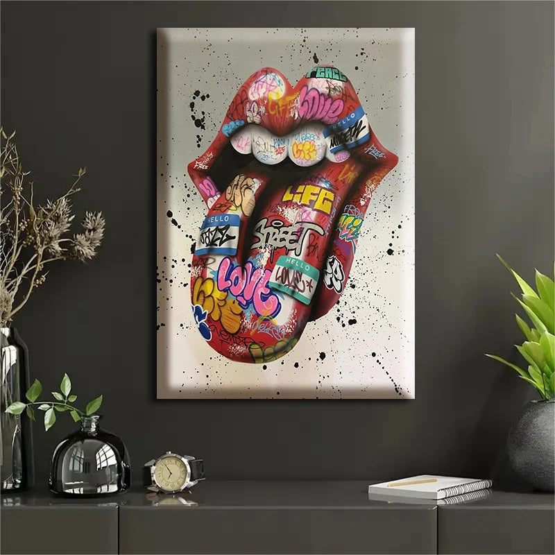 Graffiti Art Wall Painting with Framed Canvas - Abstract Tongue Street Art Poster, Modern Home Decor