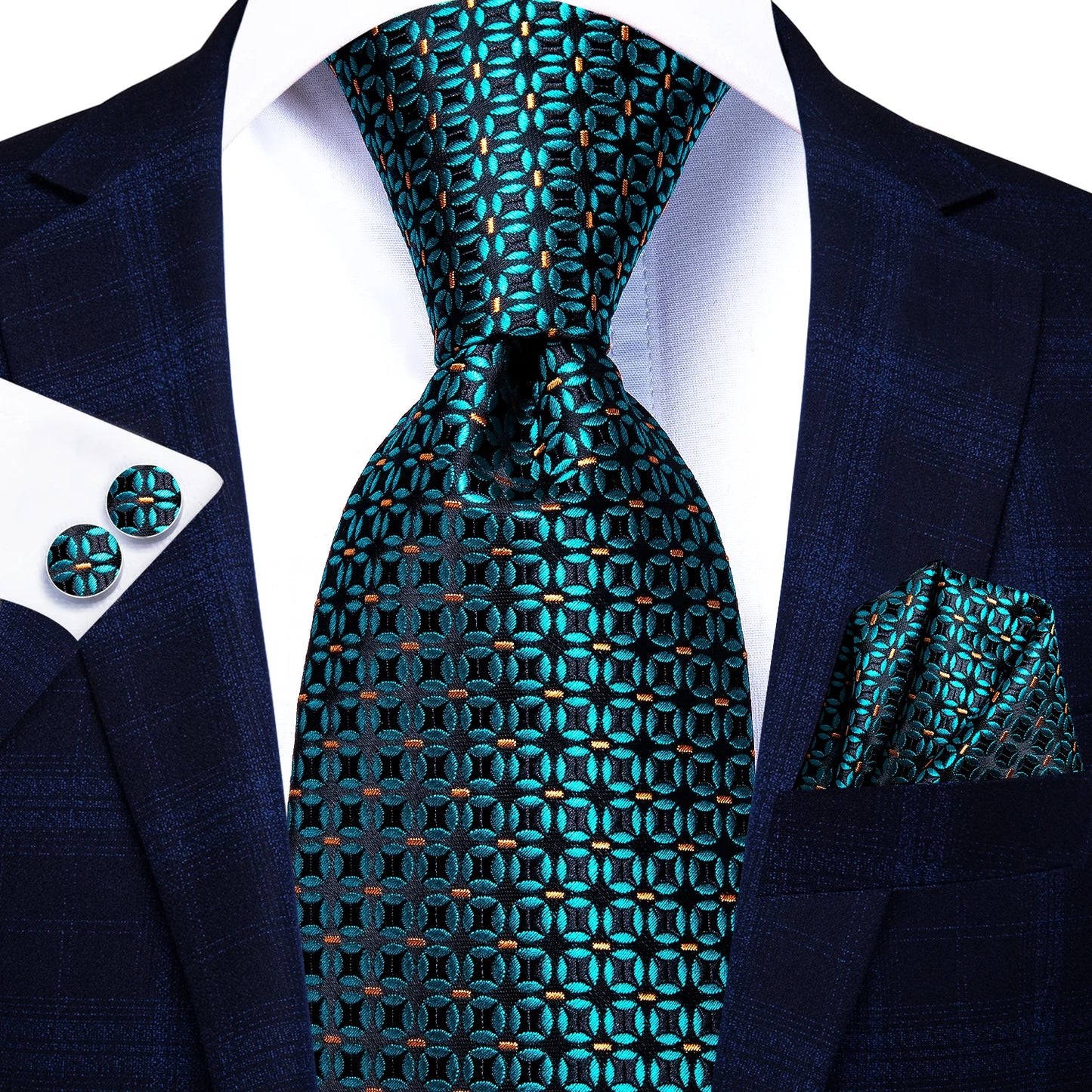 Burgundy Brown & Black Paisley Striped Silk Tie Set – Necktie + Pocket Square + Cufflinks – Formal Gift Set for Men