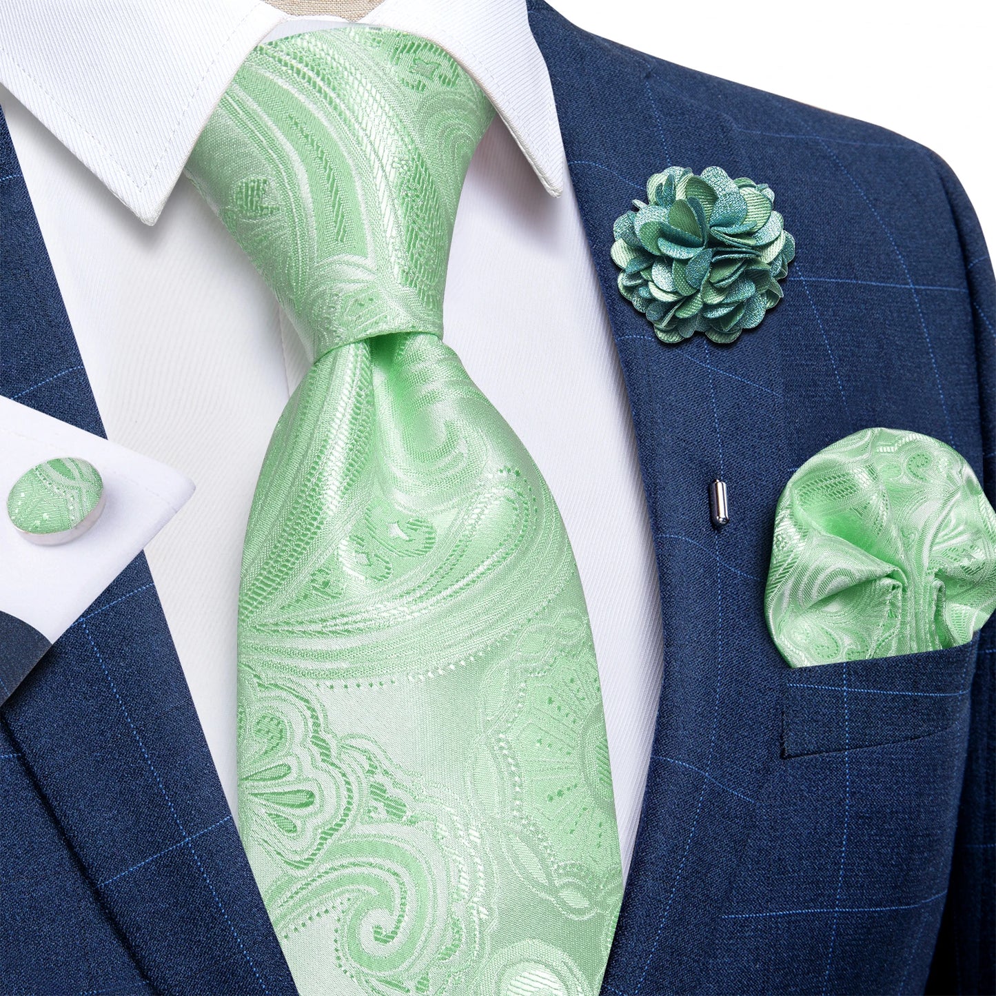Blue & Silver Paisley Silk Tie Set – 8cm Necktie + Pocket Square + Cufflinks + Brooch – Elegant Men’s Gift for Weddings & Holidays