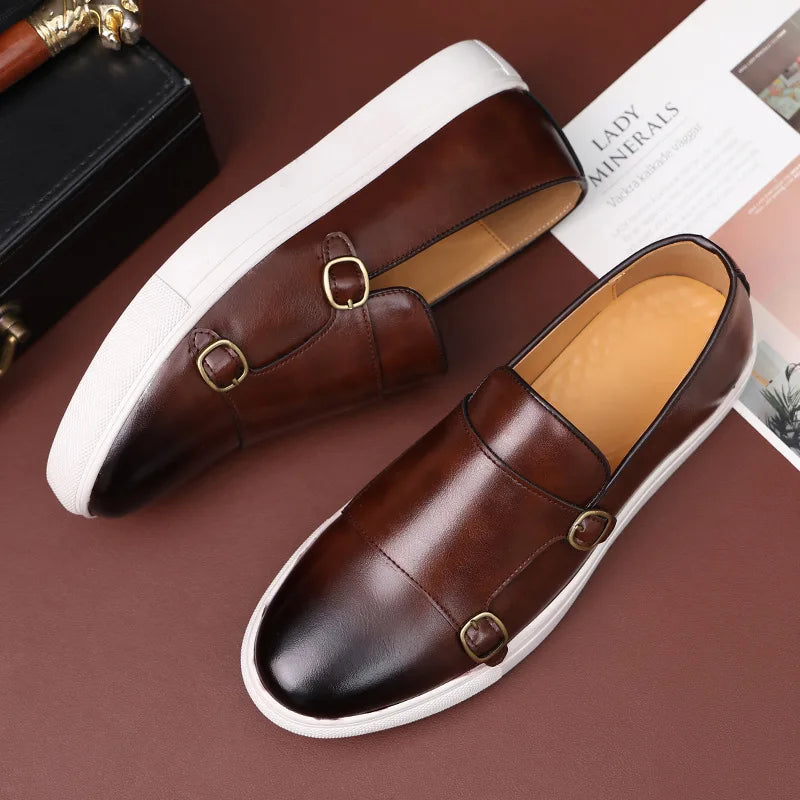Men's Casual Leather Loafers – Retro British Style Slip-On Monk Strap Flats for Business & Daily Wear