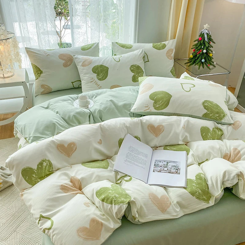 3-Piece Heart & Floral Print Duvet Cover Set – Cartoon Style Bedding for Bedroom (No Padding)