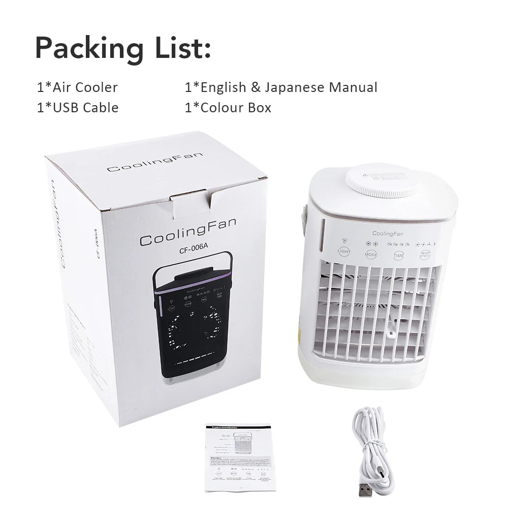 4-in-1 Portable Air Conditioner Fan with Mist Humidifier & LED Light – 700ml Water Tank USB Cooling Table Fan for Home & Office
