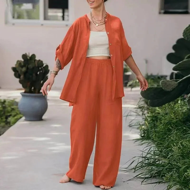 Women's 2-Piece Long Sleeve Shirt & Pants Set – Solid Color, Loose Fit, Casual Loungewear Outfit for Spring/Summer