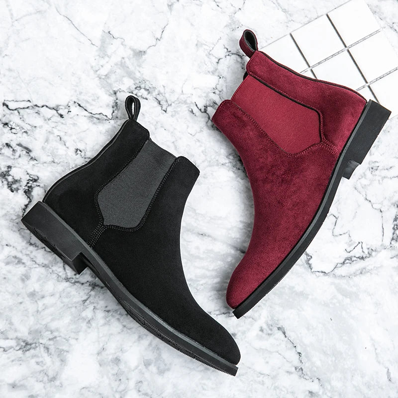 Trendy British Style Men’s Chelsea Boots – High Top Suede Leather Slip-On Ankle Boots for Spring & Autumn