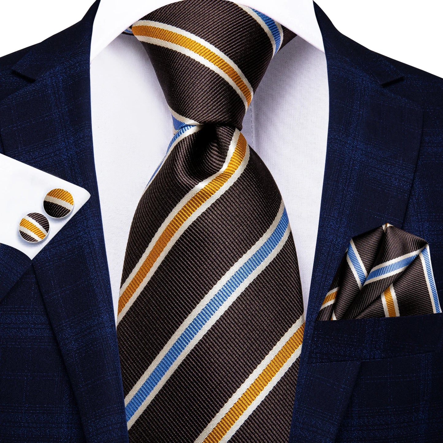Burgundy Brown & Black Paisley Striped Silk Tie Set – Necktie + Pocket Square + Cufflinks – Formal Gift Set for Men