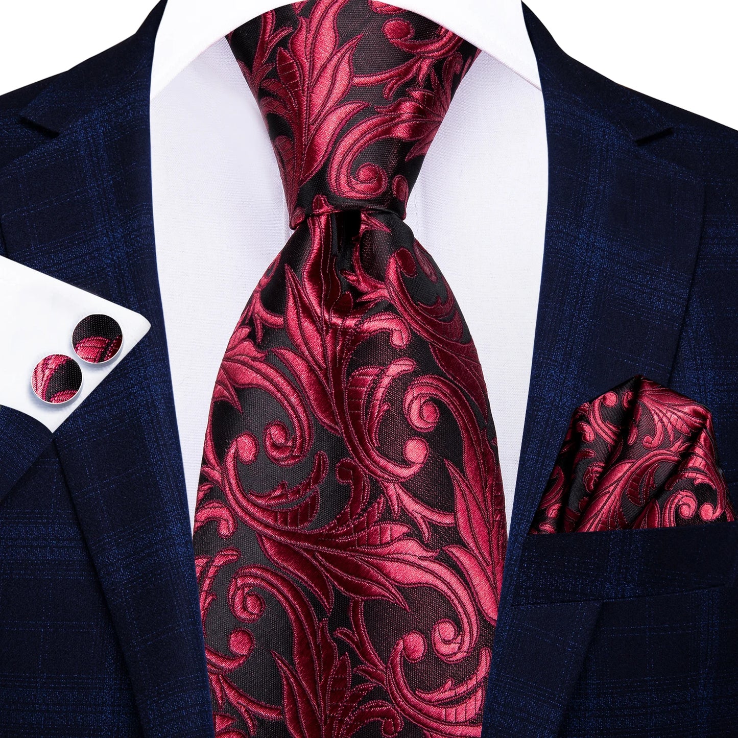 Burgundy Brown & Black Paisley Striped Silk Tie Set – Necktie + Pocket Square + Cufflinks – Formal Gift Set for Men