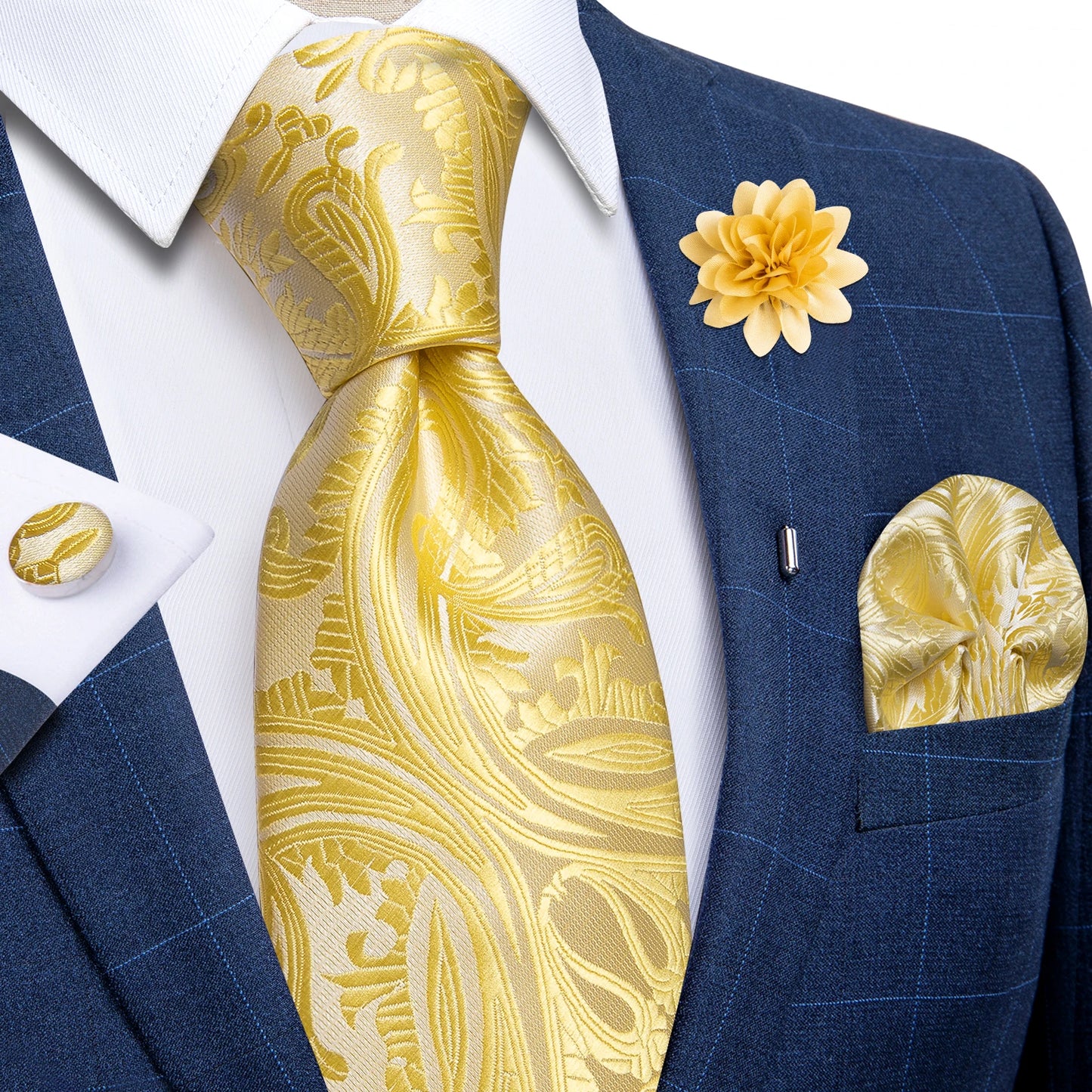 Blue & Silver Paisley Silk Tie Set – 8cm Necktie + Pocket Square + Cufflinks + Brooch – Elegant Men’s Gift for Weddings & Holidays