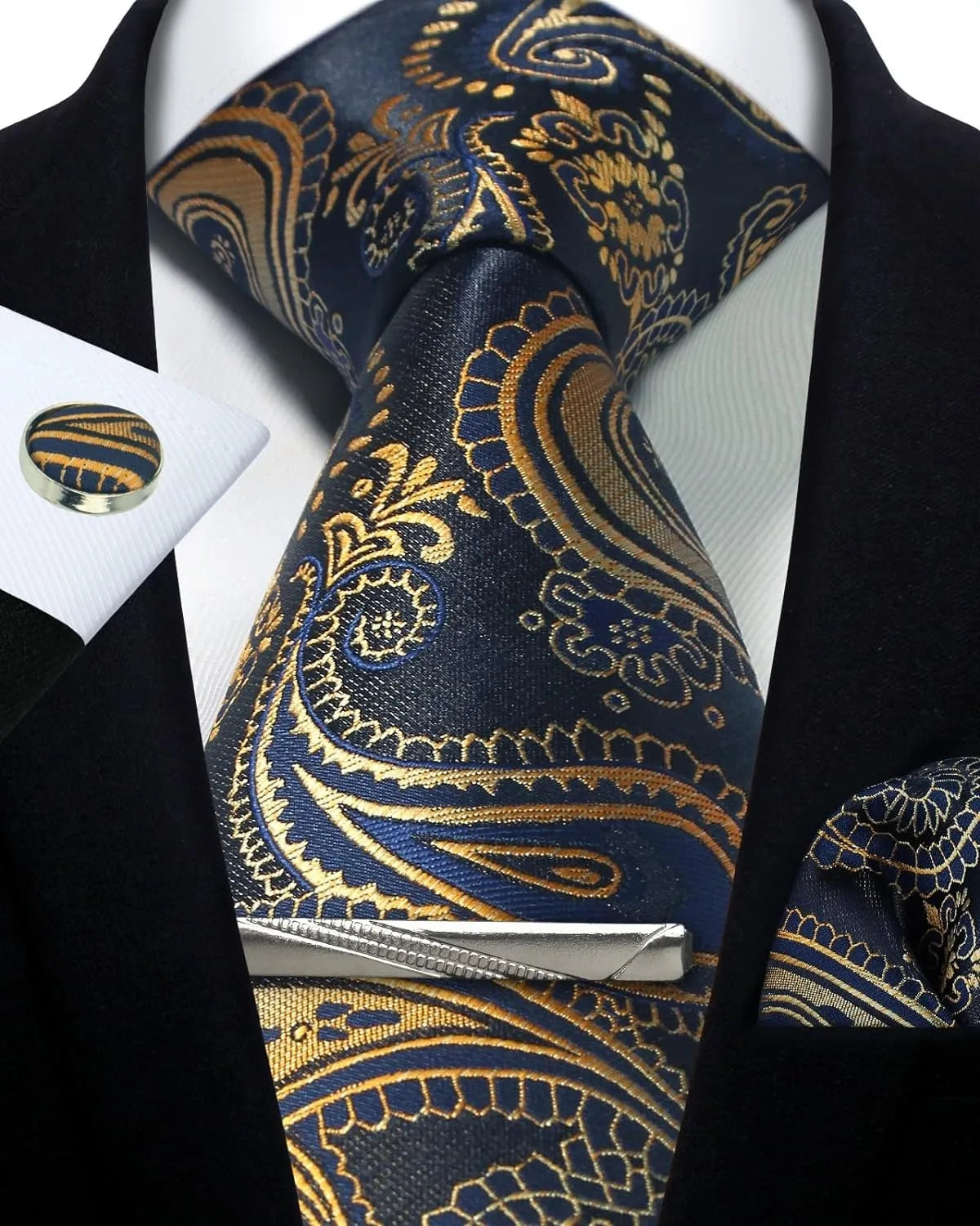 Men’s Classic Silver Paisley Tie Set – Silk Necktie, Pocket Square, Cufflinks & Tie Clip – Formal Wedding Party Gift Box
