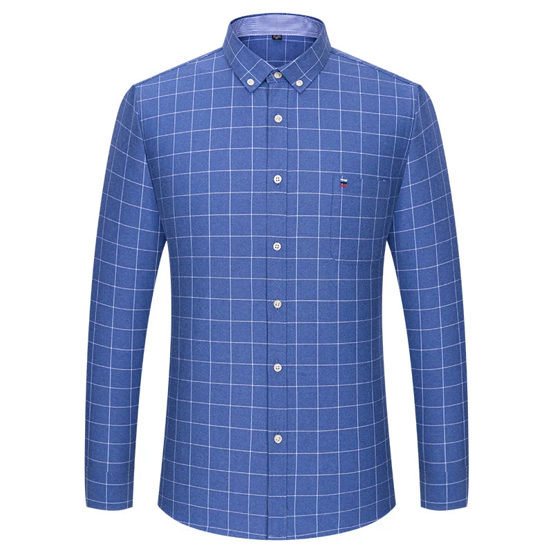 100% Cotton Oxford Long Sleeve Men's Plaid Dress Shirt – Regular Fit Formal Shirt with Pocket (S–7XL)