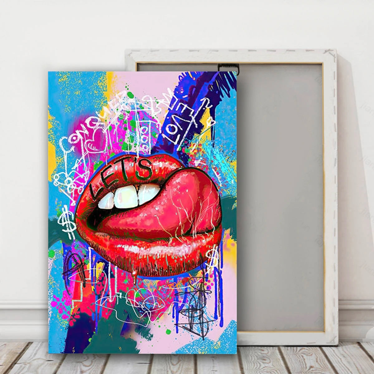 Graffiti Art Wall Painting with Framed Canvas - Abstract Tongue Street Art Poster, Modern Home Decor