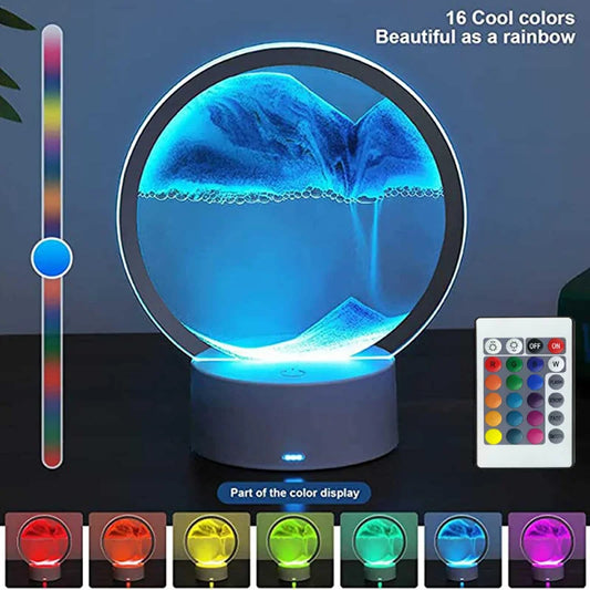 LED RGB 3D Moving Sand Art Lamp – 16-Color Quicksand Night Light with Remote & Touch Control