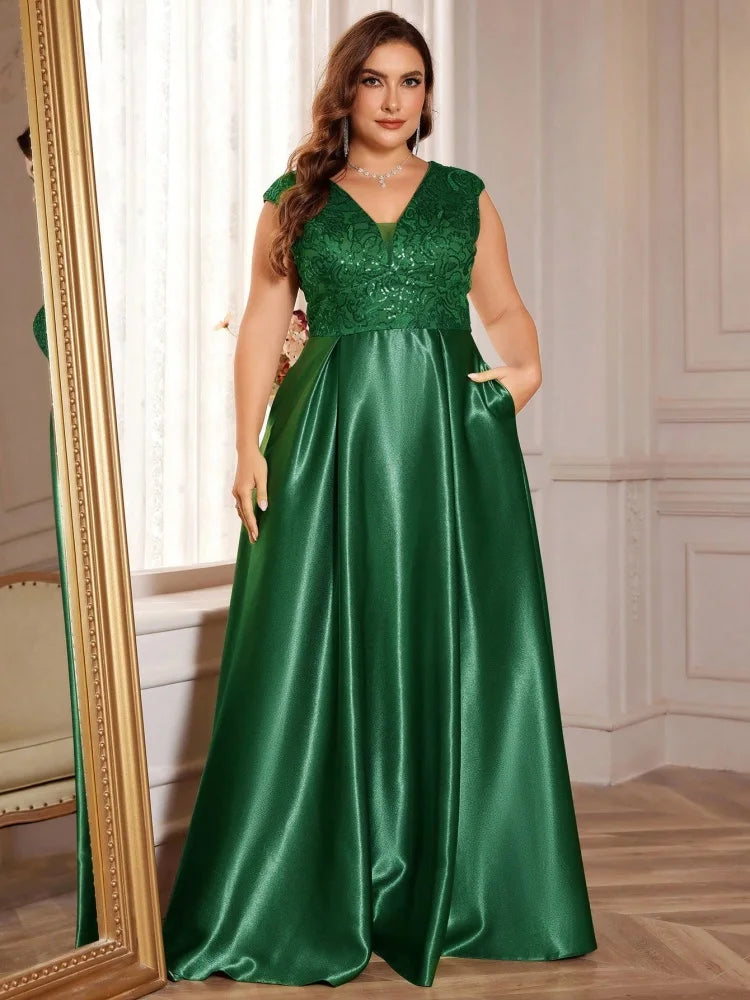 Plus Size Luxury Gold Satin Sequin Evening Gown β V-Neck Floor-Length Dress for Weddings, Parties & Prom