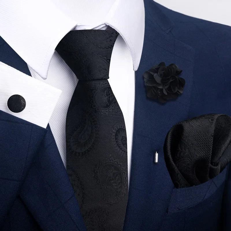 Luxury Men’s Floral Paisley Tie Set – Black & Gold Necktie with Matching Pocket Square, Cufflinks & Brooch | Elegant Wedding, Business, Dinner & Cocktail Look