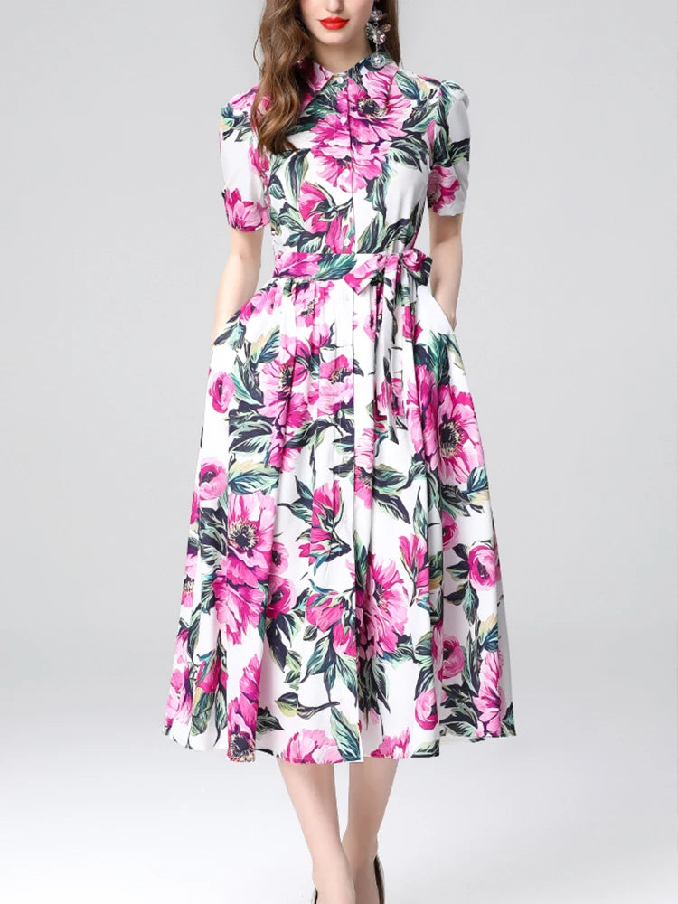 Elegant Printed Slim Fit Lapel Dress – Women’s Short Sleeve Spring/Summer 2025 Fashion
