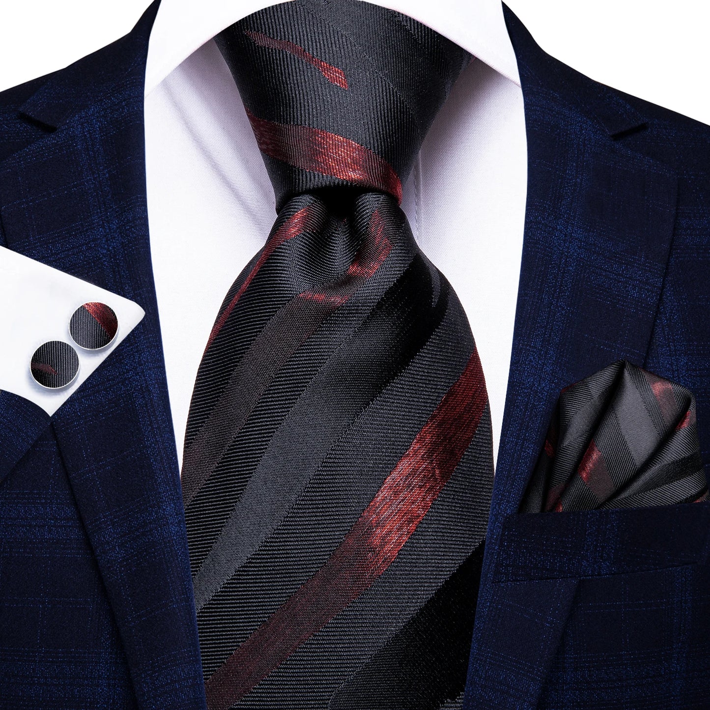 Burgundy Brown & Black Paisley Striped Silk Tie Set – Necktie + Pocket Square + Cufflinks – Formal Gift Set for Men