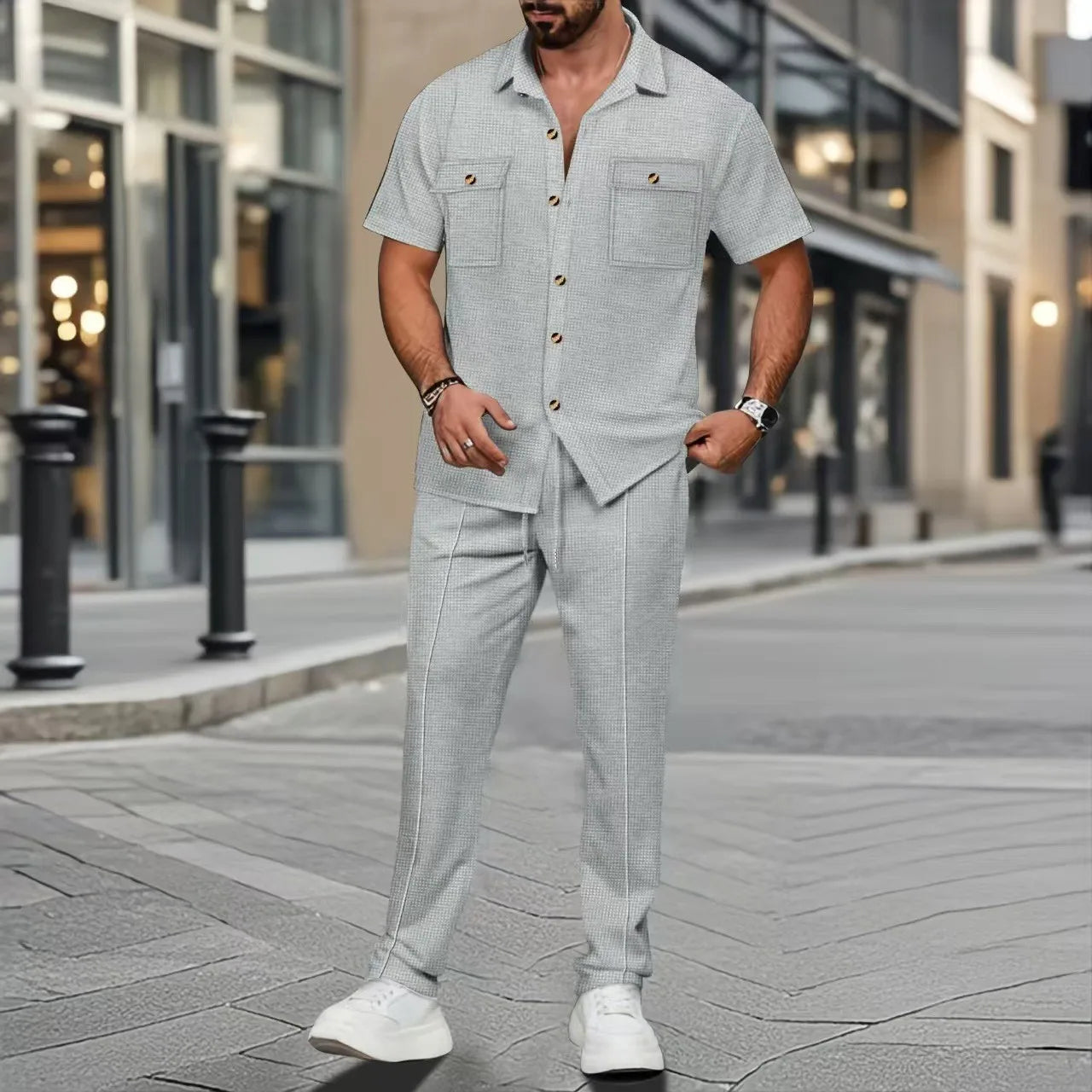 Men’s Solid Color Summer Two-Piece Set – Short-Sleeved Button-Up Shirt & Matching Trousers with Pockets