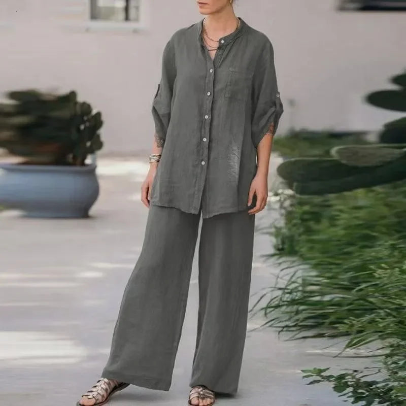 Women's 2-Piece Long Sleeve Shirt & Pants Set – Solid Color, Loose Fit, Casual Loungewear Outfit for Spring/Summer