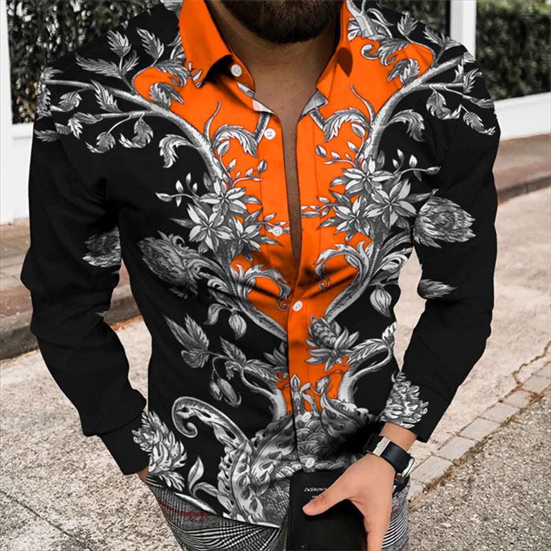 Men’s 3D Floral Print Long Sleeve Shirt – Designer Party & Prom Dress Shirt, S–5XL