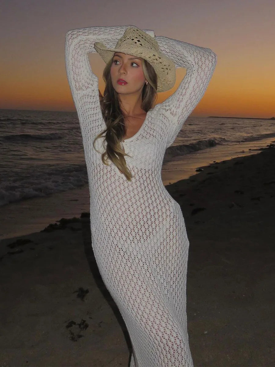 Sexy Women's White Knit Bikini Cover-Up β Long Sleeve, Deep V-Neck, Backless Beach Dress