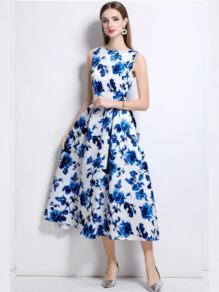 Elegant Sleeveless Printed A-Line Dress – Slim Fit Summer Fashion Dress for Women