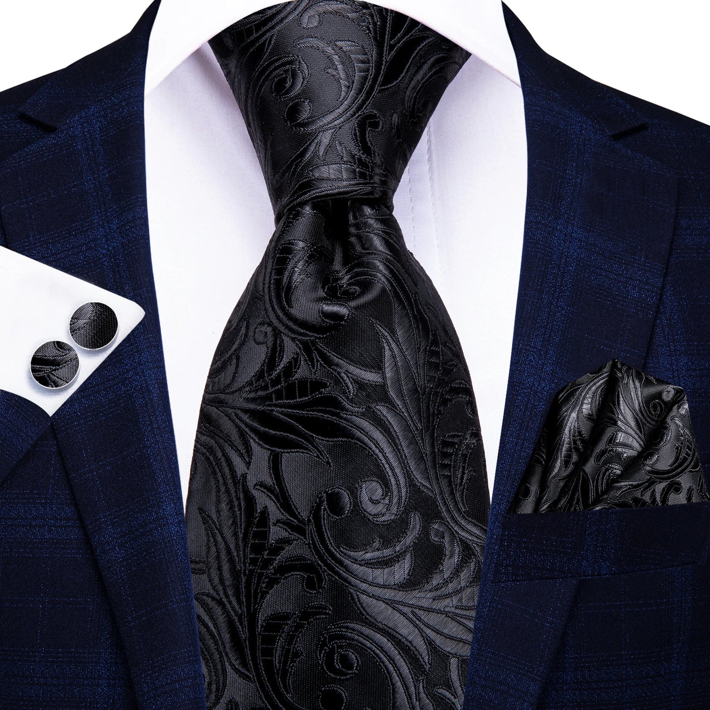 Burgundy Brown & Black Paisley Striped Silk Tie Set – Necktie + Pocket Square + Cufflinks – Formal Gift Set for Men