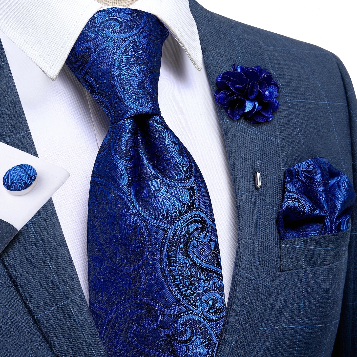 Blue & Silver Paisley Silk Tie Set – 8cm Necktie + Pocket Square + Cufflinks + Brooch – Elegant Men’s Gift for Weddings & Holidays