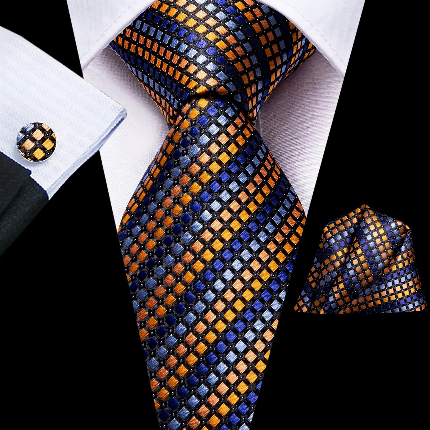Burgundy Brown & Black Paisley Striped Silk Tie Set – Necktie + Pocket Square + Cufflinks – Formal Gift Set for Men