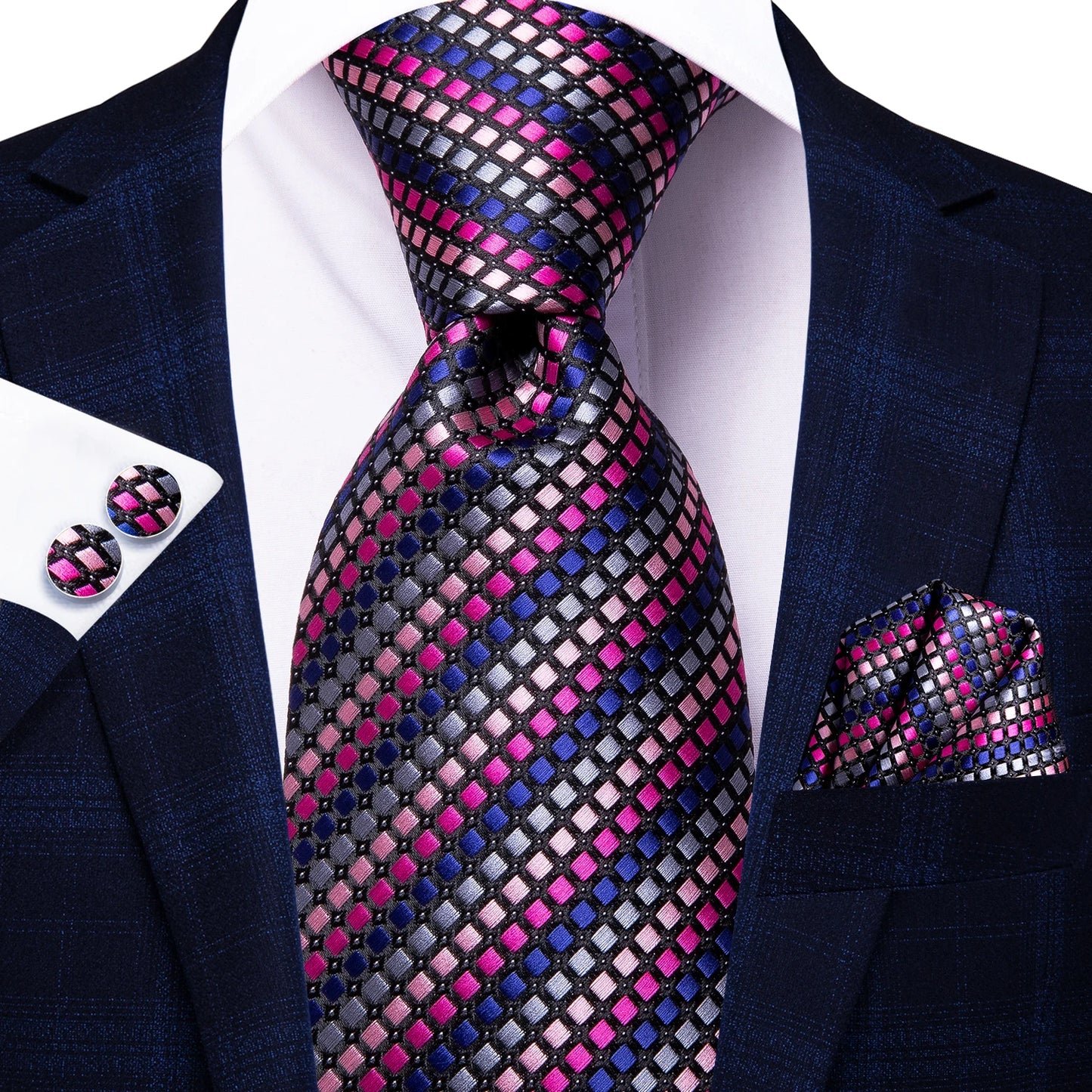 Burgundy Brown & Black Paisley Striped Silk Tie Set – Necktie + Pocket Square + Cufflinks – Formal Gift Set for Men