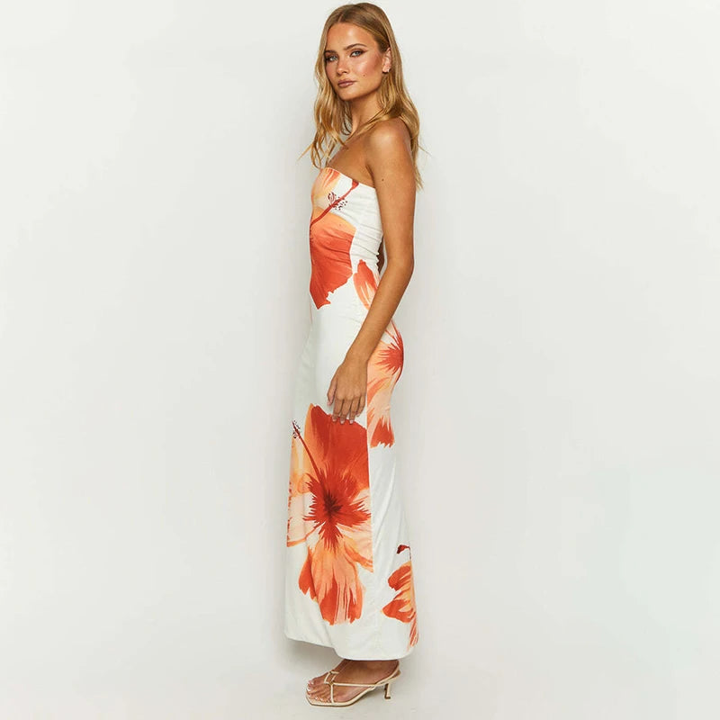 Women's Off-Shoulder Floral Maxi Dress – Strapless Slim Fit Vacation Beachwear