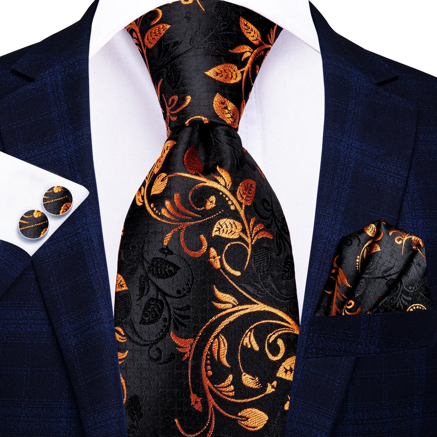 Burgundy Brown & Black Paisley Striped Silk Tie Set – Necktie + Pocket Square + Cufflinks – Formal Gift Set for Men