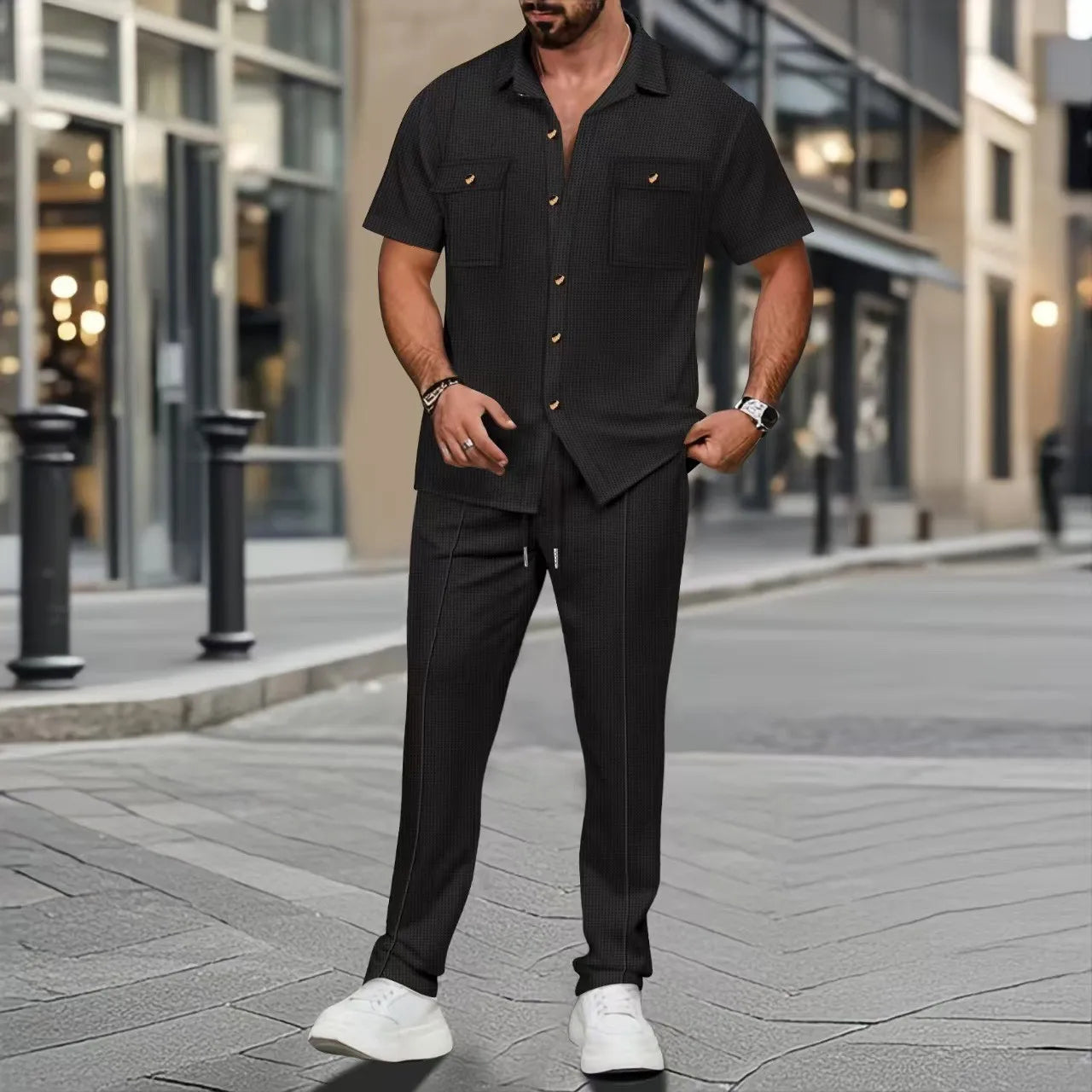 Men’s Solid Color Summer Two-Piece Set – Short-Sleeved Button-Up Shirt & Matching Trousers with Pockets