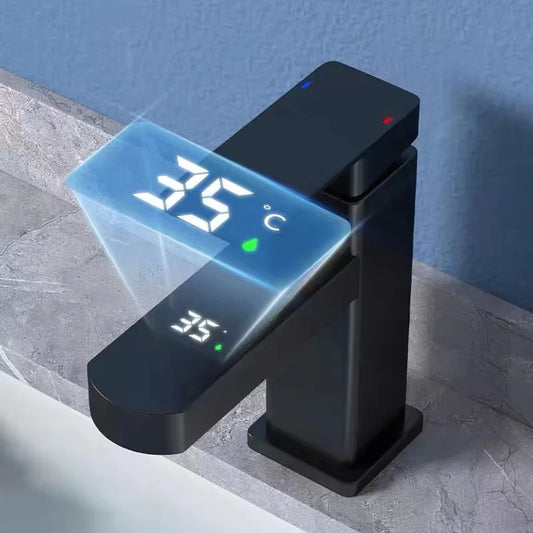 Smart Bathroom Washbasin Faucet – LED Display, Black & Gold Touch Control Mixer