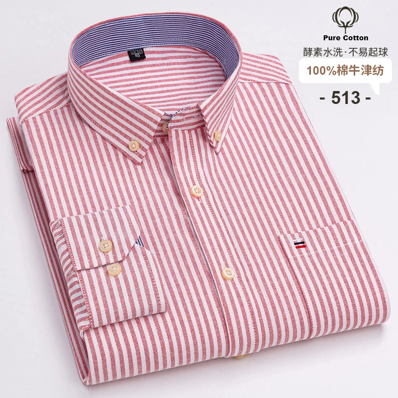100% Cotton Oxford Long Sleeve Men's Plaid Dress Shirt – Regular Fit Formal Shirt with Pocket (S–7XL)