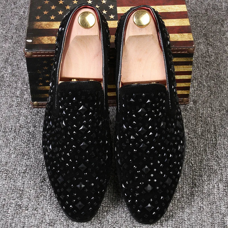 Men’s Genuine Luxury Stone Leather Rhinestone Loafers – Slip-On Dress Shoes for Wedding, Party & Clubwear